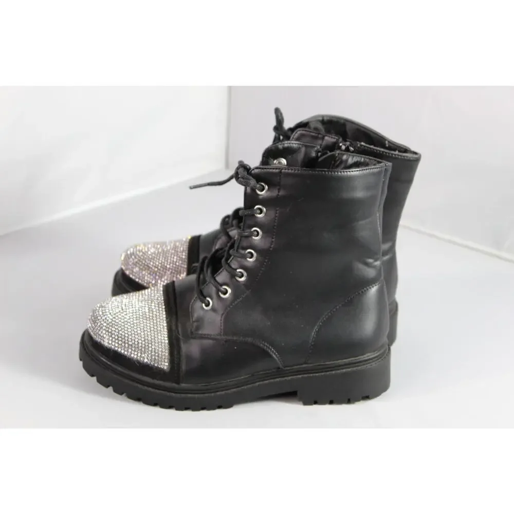 Girls Leslie Lace Up Combat Ankle Boots Black Rhinestone Toe Side Zip Size 2
